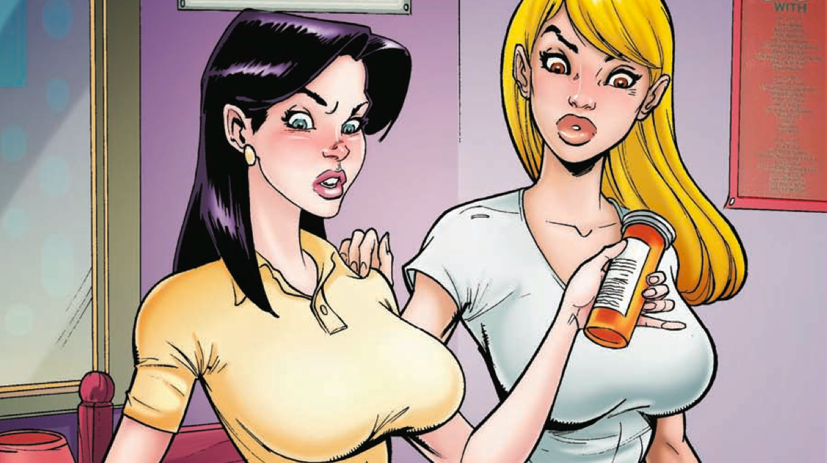 Two college girls examine a vitamin bottle